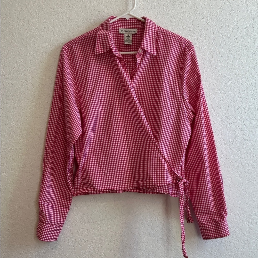 Vintage Evan Picone Pink Gingham Wrap Blouse
